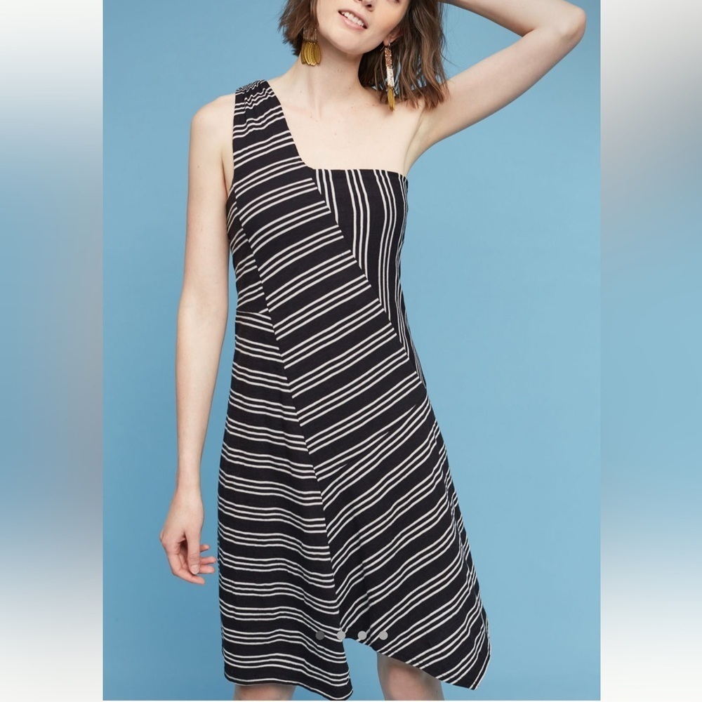 Maeve Moka One Shoulder Dress with Black and White Stripes - Size 10